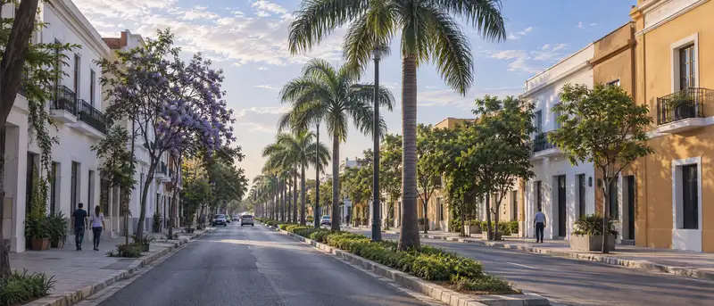 Avenida con palmeras y edificios bajos en una mañana despejada en una ciudad de Paraguay