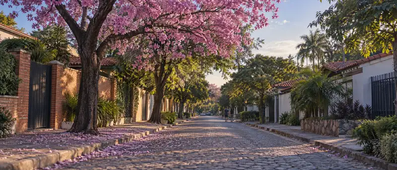 Calle empedrada con casas de ladrillo y un lapacho en flor en un barrio del Gran Asunción