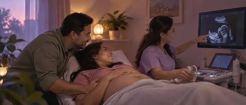 Ecografista muestra la imagen del bebé a una pareja en una sala de ecografía con luz cálida