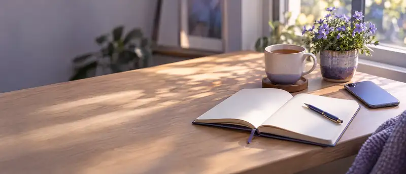 Cuaderno abierto, celular y una taza de té sobre una mesa de madera junto a la ventana