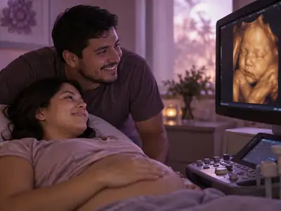 Pareja emocionada mira una imagen 4D de su bebé en la pantalla de la ecografía