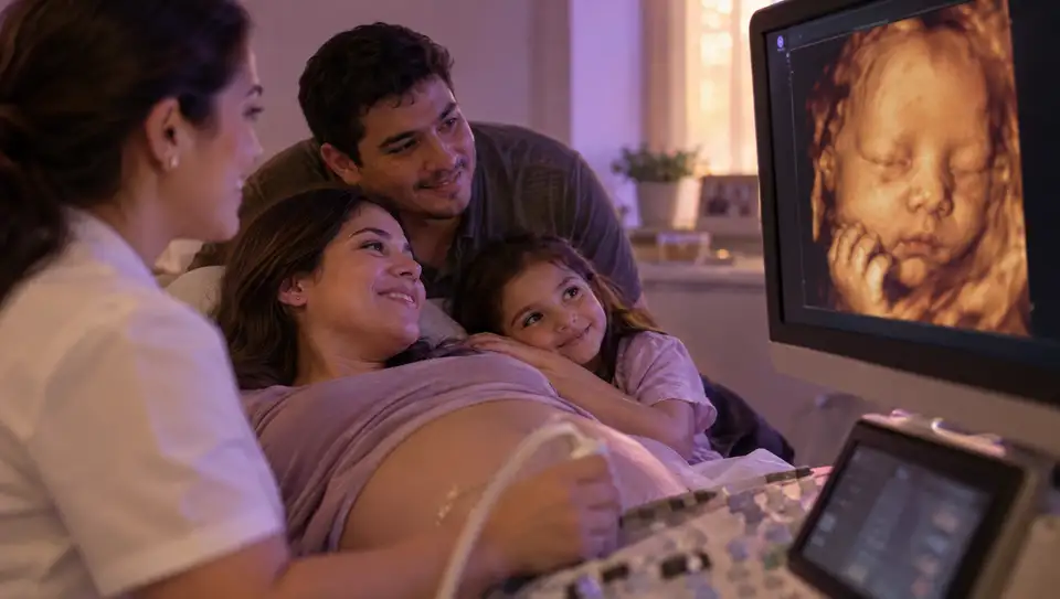 Familia mira en el monitor una imagen 5D del rostro de un bebé con la mano junto a la mejilla