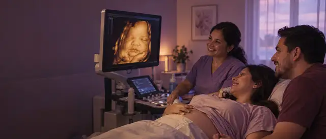 Embarazada y su pareja sonríen mirando la pantalla de la ecografía junto a la ecografista
