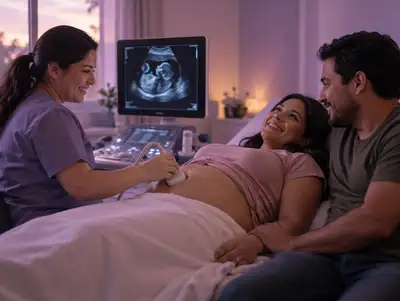 Ecografista realiza una ecografía obstétrica a una embarazada acompañada por su pareja