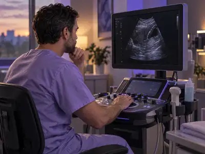 Médico revisa una imagen en el ecógrafo durante un estudio de ecografía prostática