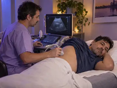 Médico realiza una ecografía renal en el costado del abdomen de un paciente acostado de lado