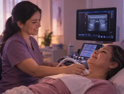 Ecografista realiza una ecografía de tiroides en el cuello de una paciente