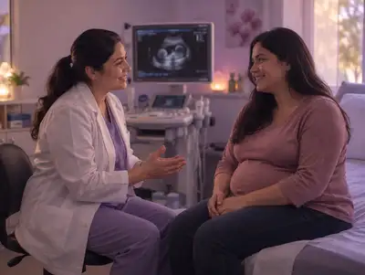 Ginecóloga conversa con una paciente vestida antes de una ecografía transvaginal