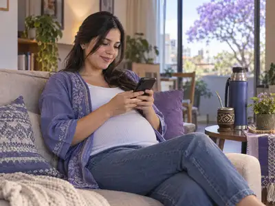 Embarazada en el sofá completa su pedido de ecografía desde el celular, con un tereré al lado