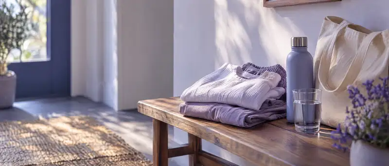 Vaso con agua, botella y ropa cómoda sobre un banco, listos para ir a una ecografía