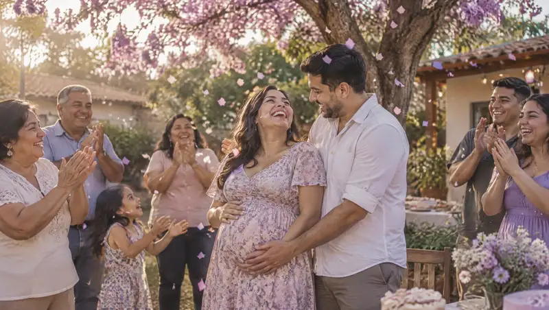 Familia celebra la revelación del sexo del bebé bajo un lapacho con papel picado de colores