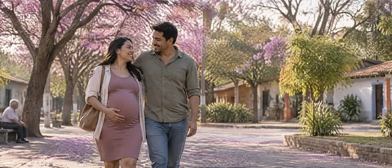 Embarazada de cinco meses camina con su pareja por una plaza con lapachos