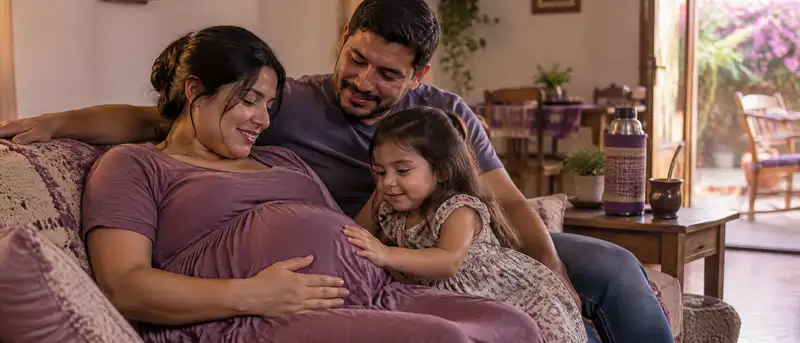 Embarazada en el tercer trimestre descansa en el sofá con su pareja y su hija pequeña