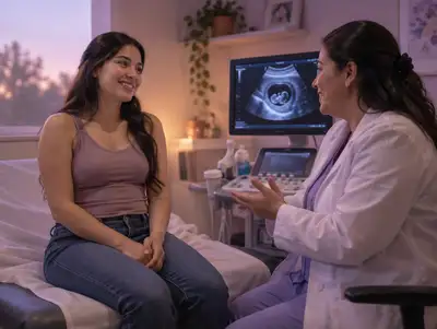 Mujer al inicio del embarazo conversa con la médica antes de la ecografía de primer trimestre